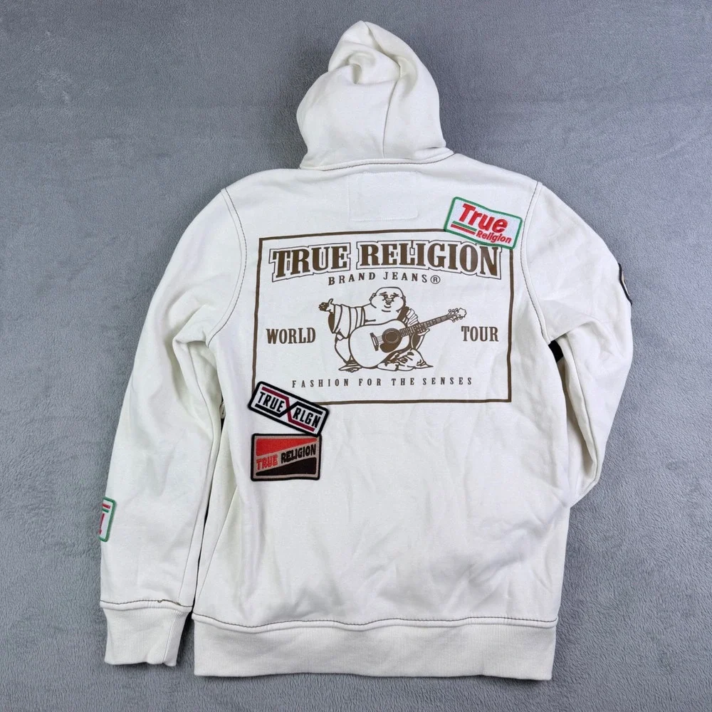 True Religion Patch Big T Zip Hoodie Off White Multi Logo World Tour Small